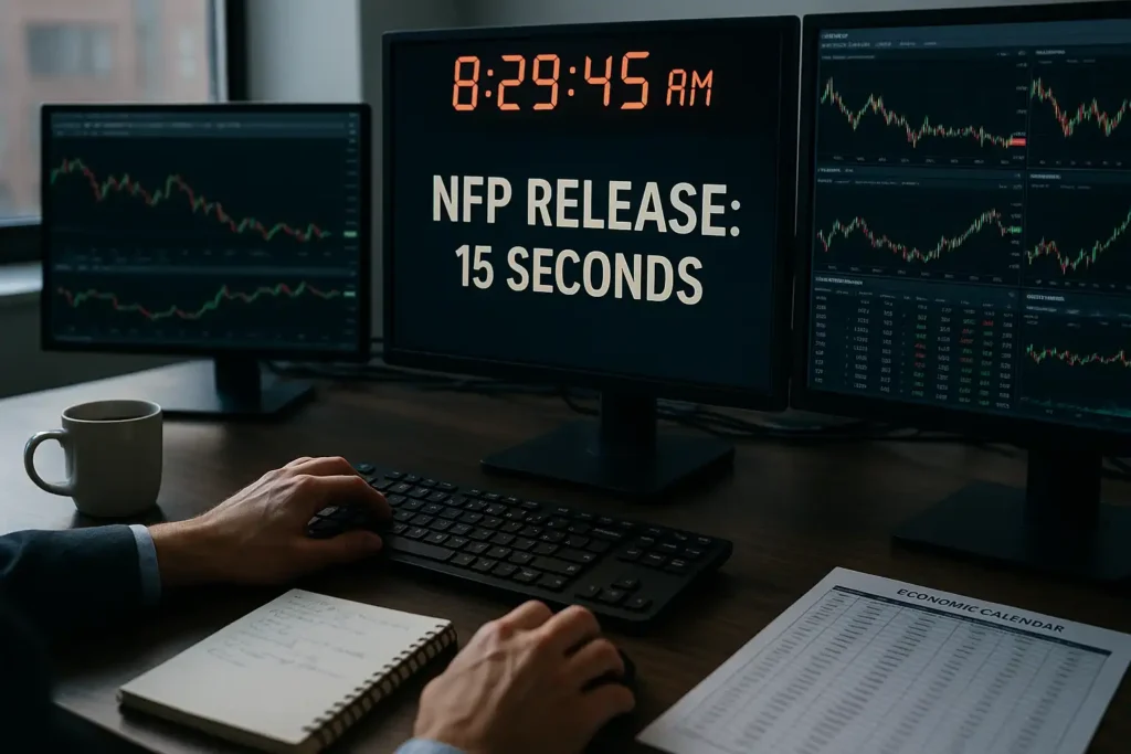 Professional trading desk with multiple monitors showing countdown to NFP economic data release, capturing the intense anticipation of news trading