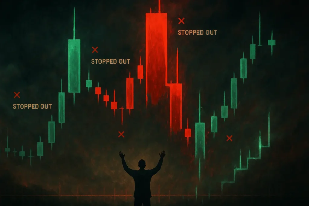 Dramatic visualization of violent price whipsaws during news releases with multiple stop losses being triggered on chaotic candlestick chart