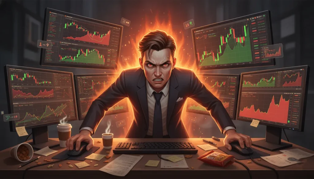 Trader frantically managing multiple screens showing overtrading behavior driven by greed
