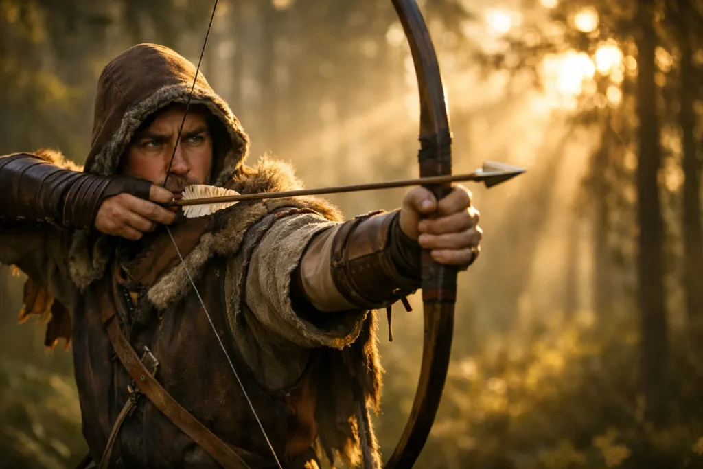 Skilled archer at full draw waiting for the perfect shot, symbolizing the patience and discipline required for successful reversal trading.