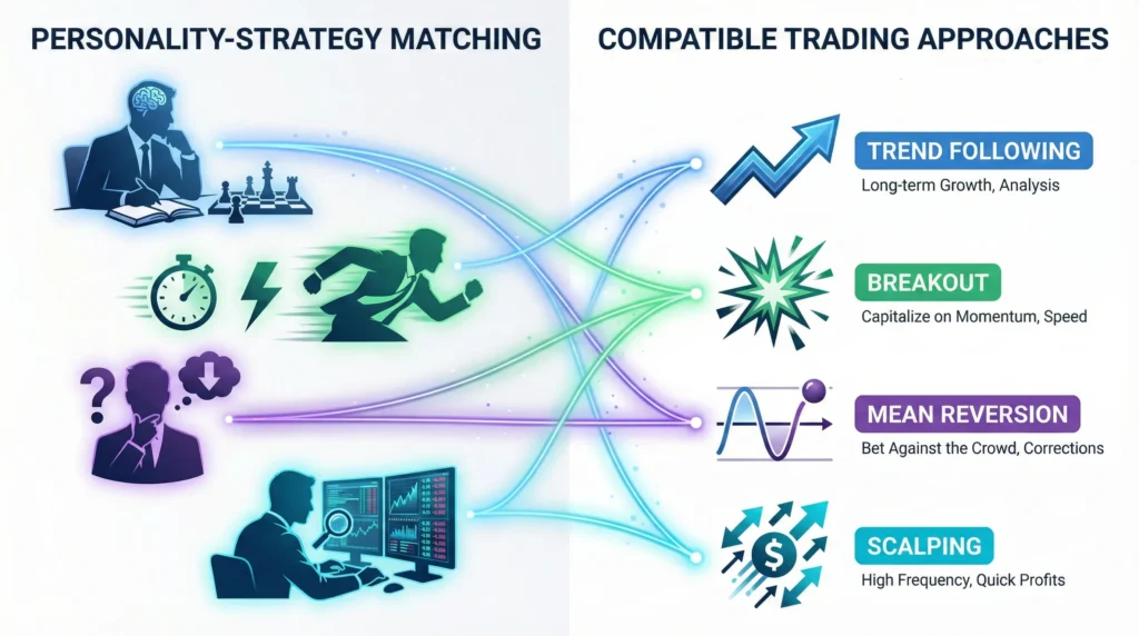Infographic showing four trader personality types matched with compatible trading strategies through glowing connection lines