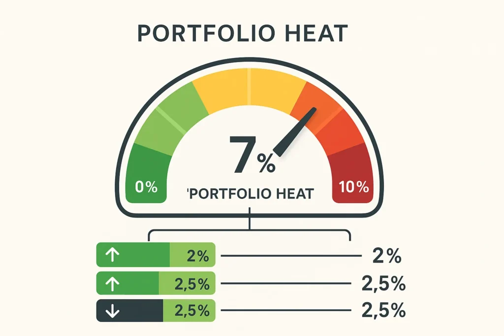 Portfolio heat gauge showing 7% total risk exposure from three open positions, illustrating real-time cumulative risk monitoring for day traders