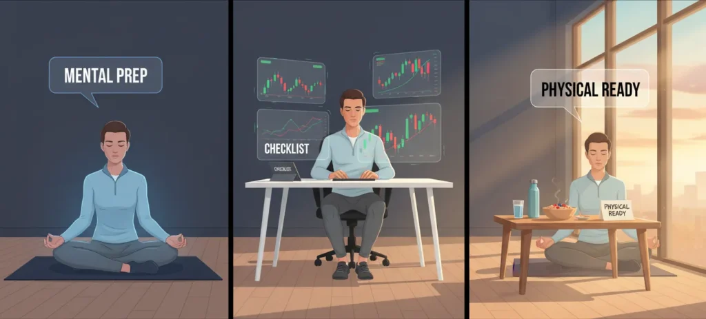 Trader following pre-market preparation routine including mental preparation through meditation, market analysis with checklist, and physical readiness through proper nutrition