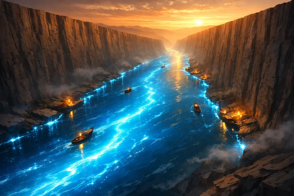 Glowing river flowing between parallel canyon walls illustrating ascending price channel with support and resistance boundaries for trading