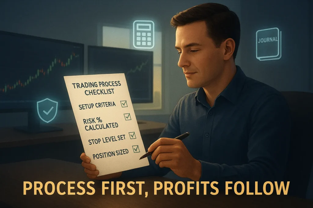 Professional trader focused on trading process checklist with profits appearing naturally as result of disciplined execution
