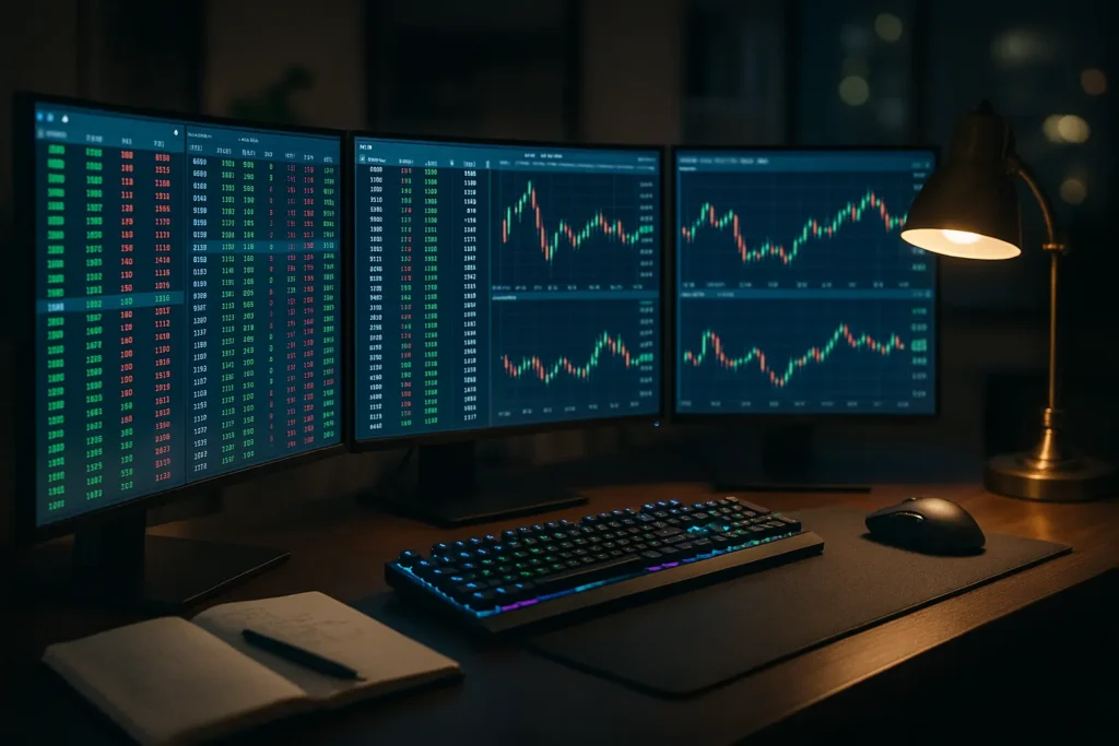 Professional scalper's trading workstation with multiple monitors showing Level 2 data Time and Sales and real-time price charts