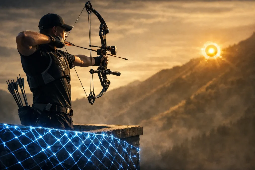 Archer pulling back bow representing pullback trading strategy with moving average as support zone