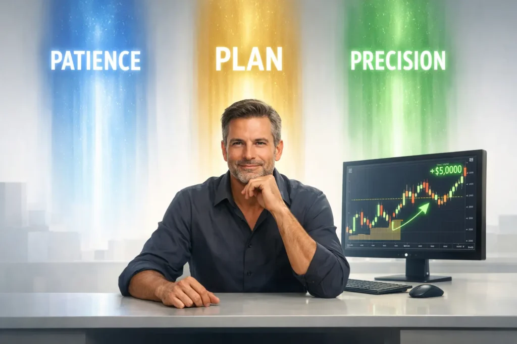 Successful pullback trader demonstrating the three pillars of trading mastery: patience, detailed planning, and precise execution
