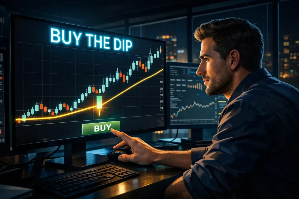 Day trader executing perfect pullback trade entry at support level with bullish confirmation on trading monitor showing buy the dip setup