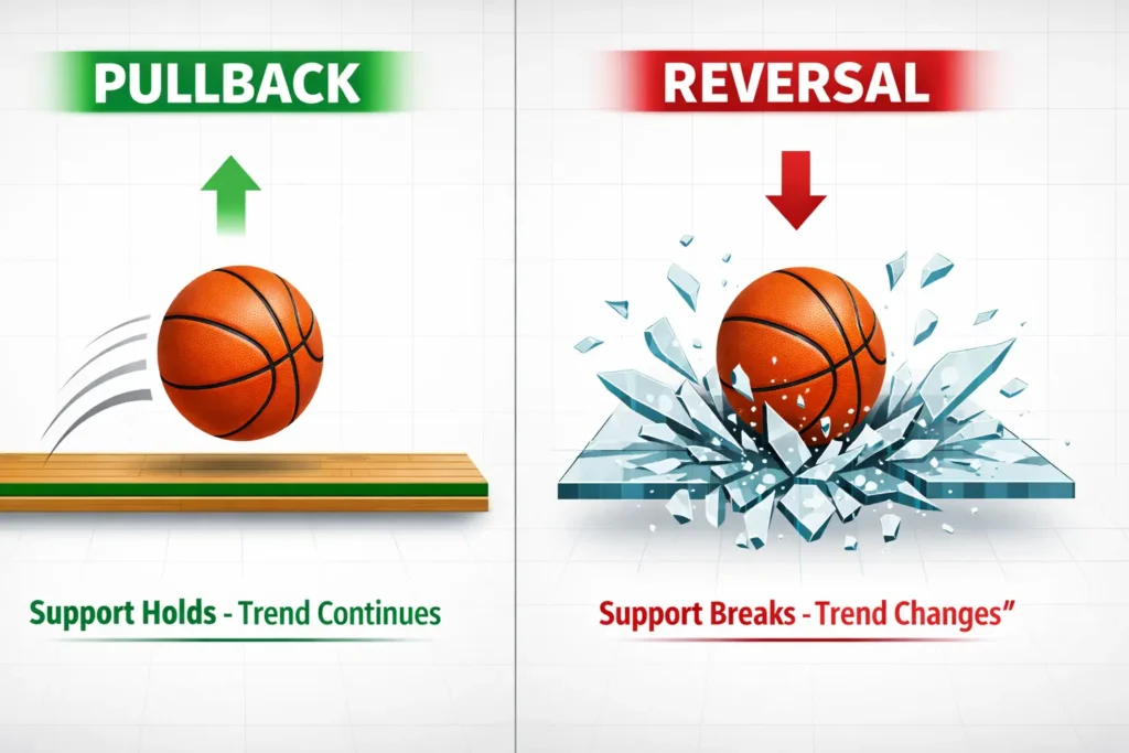 Visual comparison of pullback bouncing at support versus reversal breaking through support level in trading chart patterns