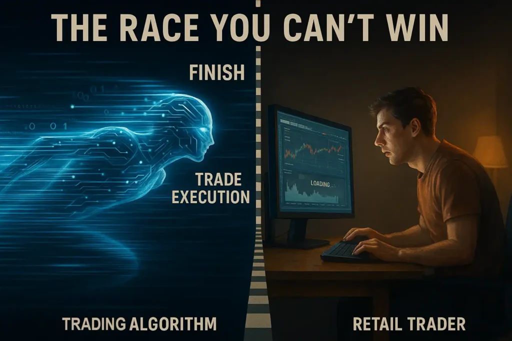 Visual comparison showing high-frequency trading algorithms executing trades in milliseconds while retail trader is still processing news data