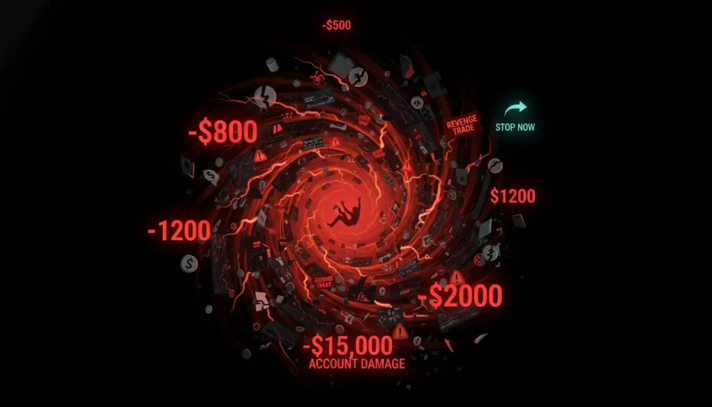 Dramatic downward spiral showing revenge trading cascade from $500 loss to $15,000 account damage through emotional trading
