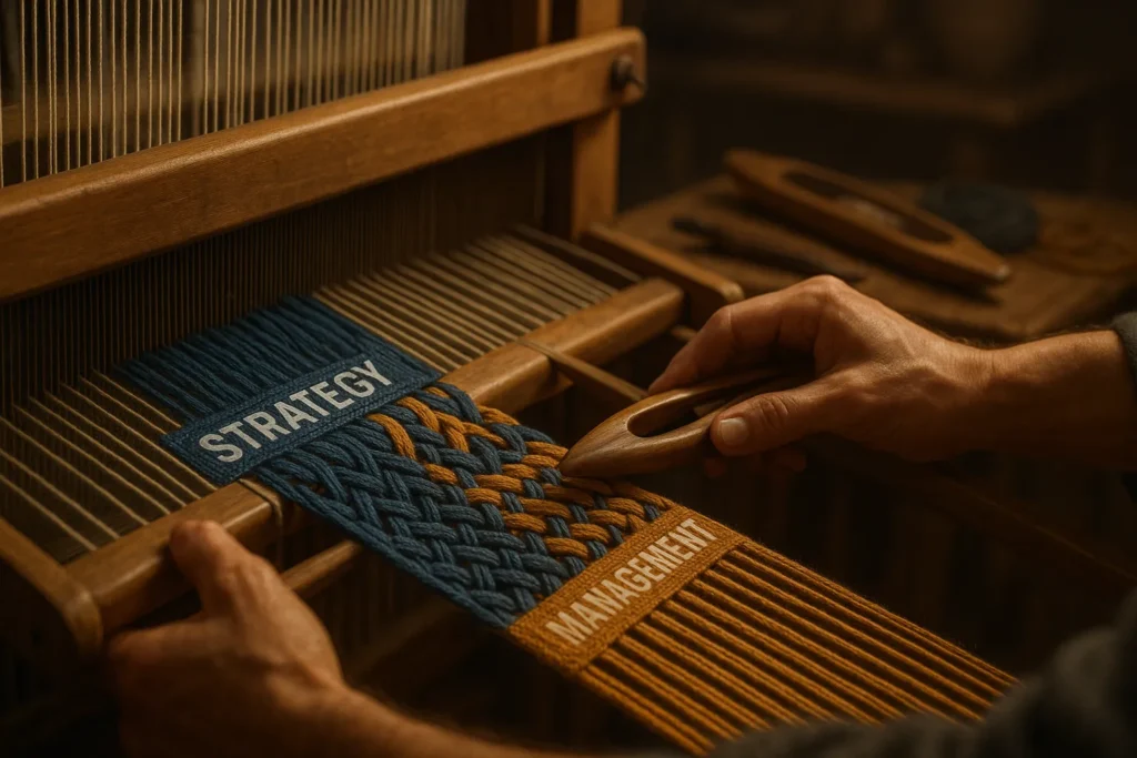 Close-up of hands weaving on loom with two colored strands labeled strategy and risk management being woven together into unified fabric