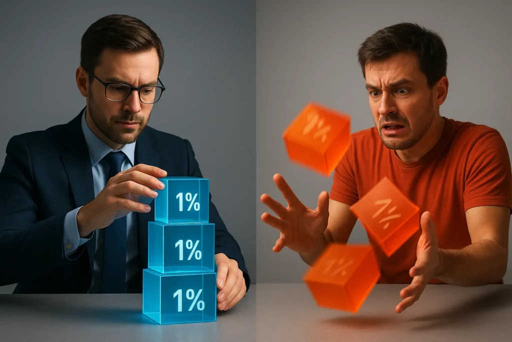 Comparison showing methodical scaling into trading positions with confirmation versus rushing in with full size all at once