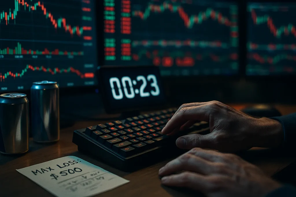 Close-up of trader's hands poised over keyboard with multiple monitors showing rapid price changes and timer showing 23 seconds