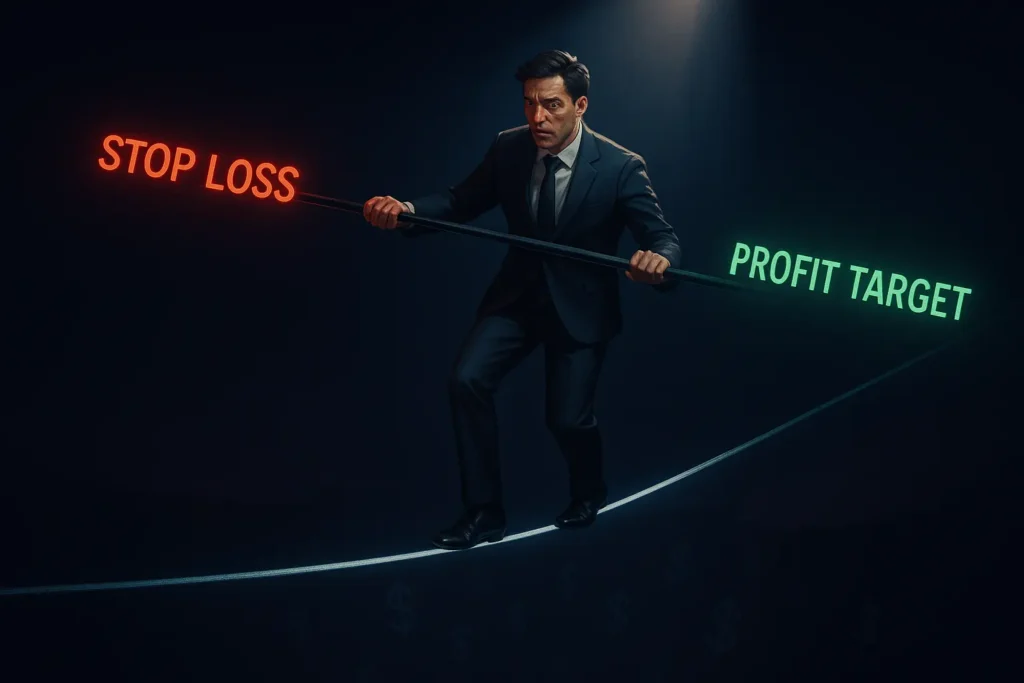 Tightrope walker balancing between stop loss and profit target illustrating tight risk management required in scalping trading