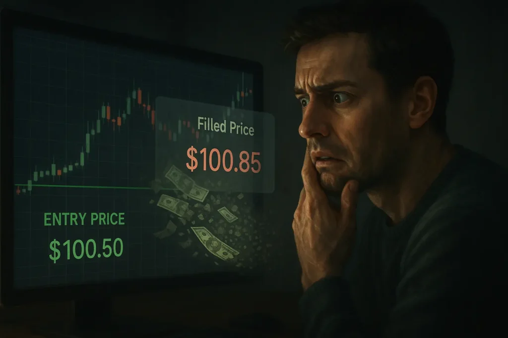 Trader viewing computer screen showing gap between expected order price and actual fill price, with money fading away representing slippage costs