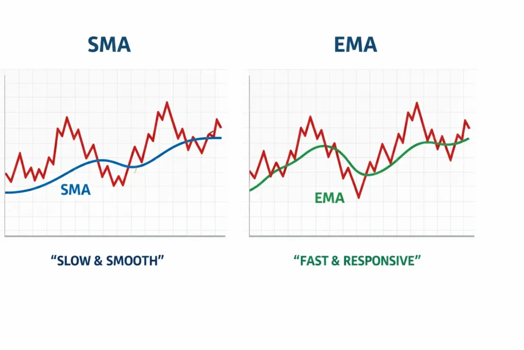Side-by-side comparison chart showing SMA smooth line versus EMA fast-responsive line against price movements