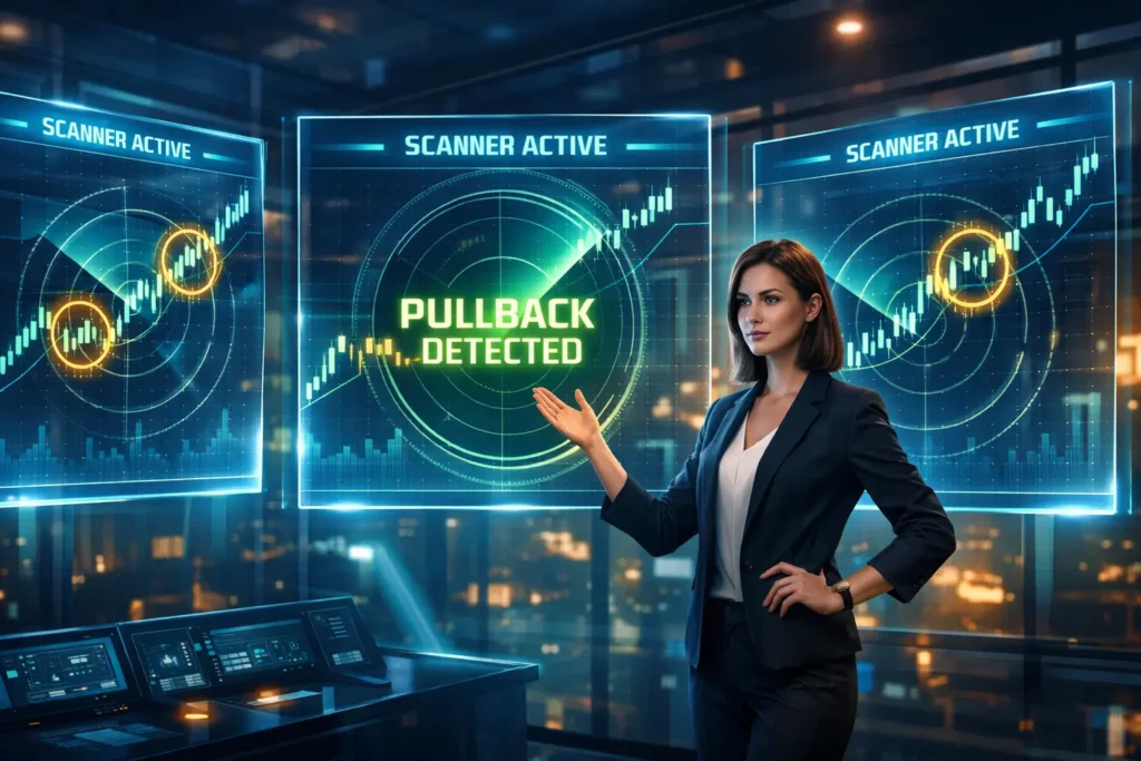 Professional trader using advanced stock scanner technology to efficiently identify high-probability pullback trading opportunities in real-time