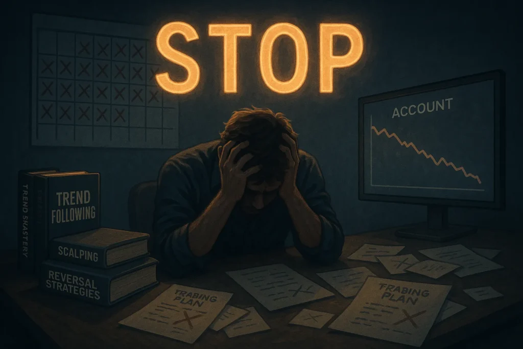 Frustrated trader surrounded by multiple strategy books and crossed-out trading plans, with warning text emphasizing the trap of switching too quickly