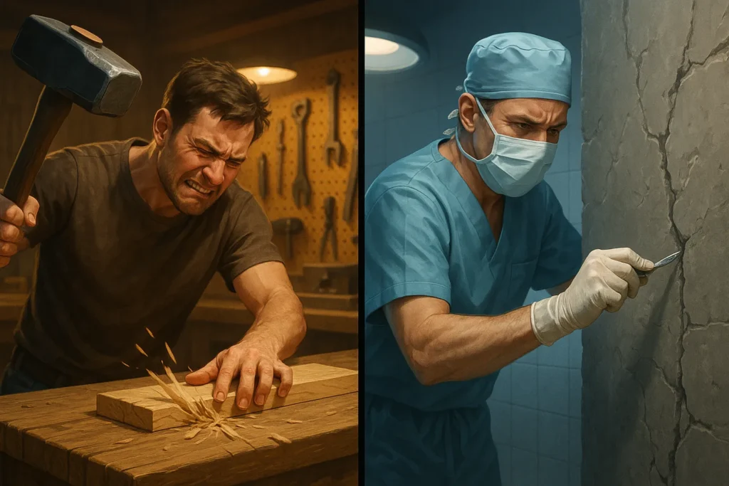 Illustration showing carpenter with sledgehammer and surgeon with scalpel attempting wrong tasks, representing mismatched risk management approaches in trading