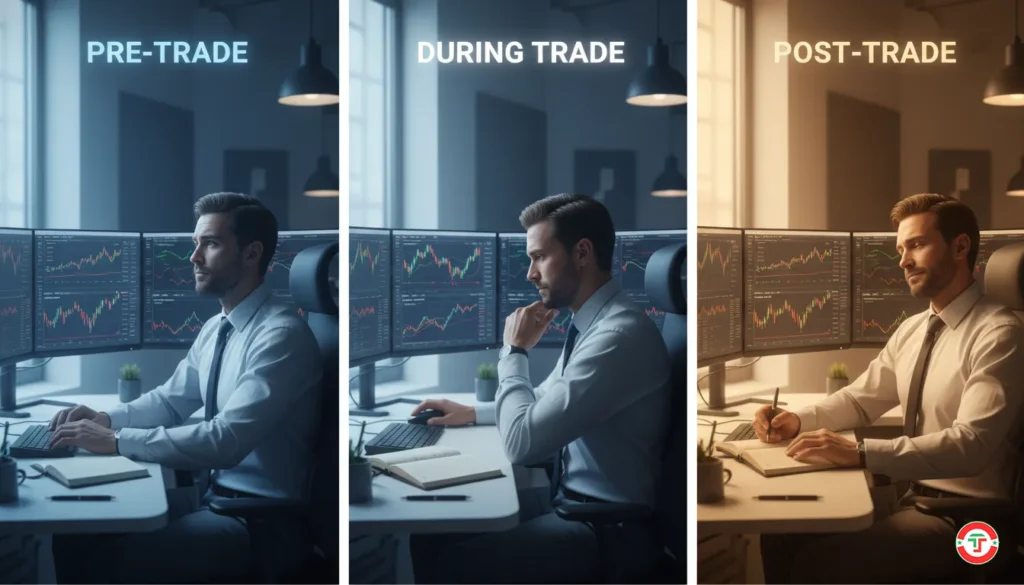 Three-panel timeline showing trader's emotional states and journaling actions before, during, and after trade execution with changing lighting and expressions