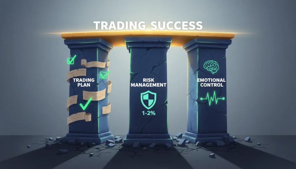 Infographic showing the three pillars of trading discipline - trading plan, risk management, and emotional control - supporting trading success platform above