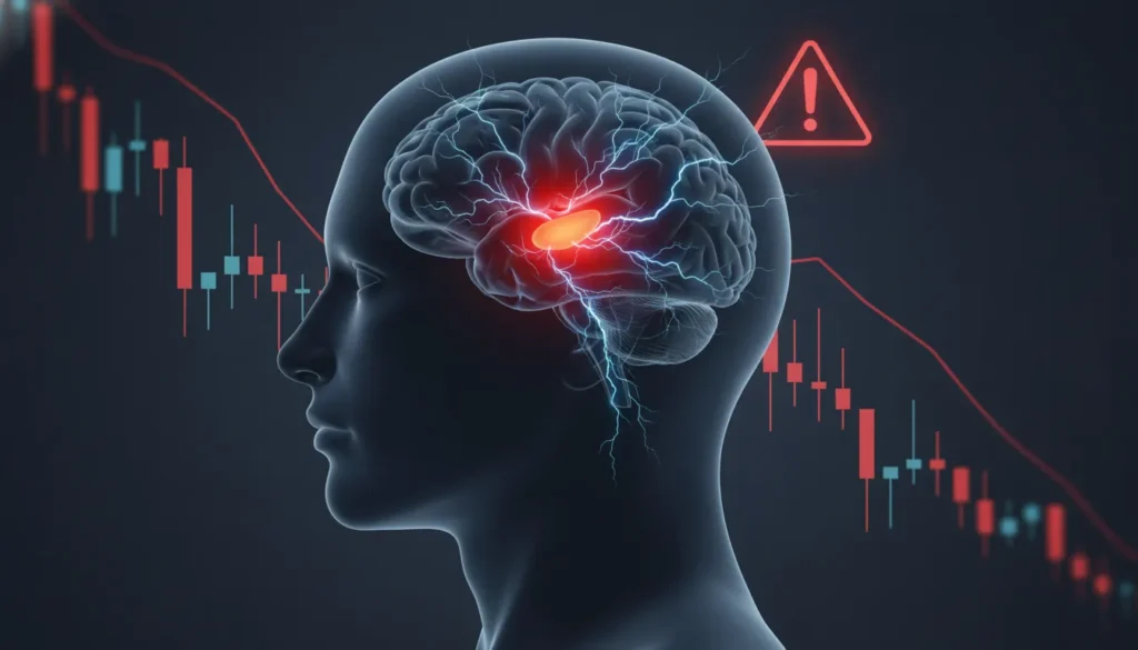 Brain illustration showing amygdala fight-or-flight response to trading losses and market fear
