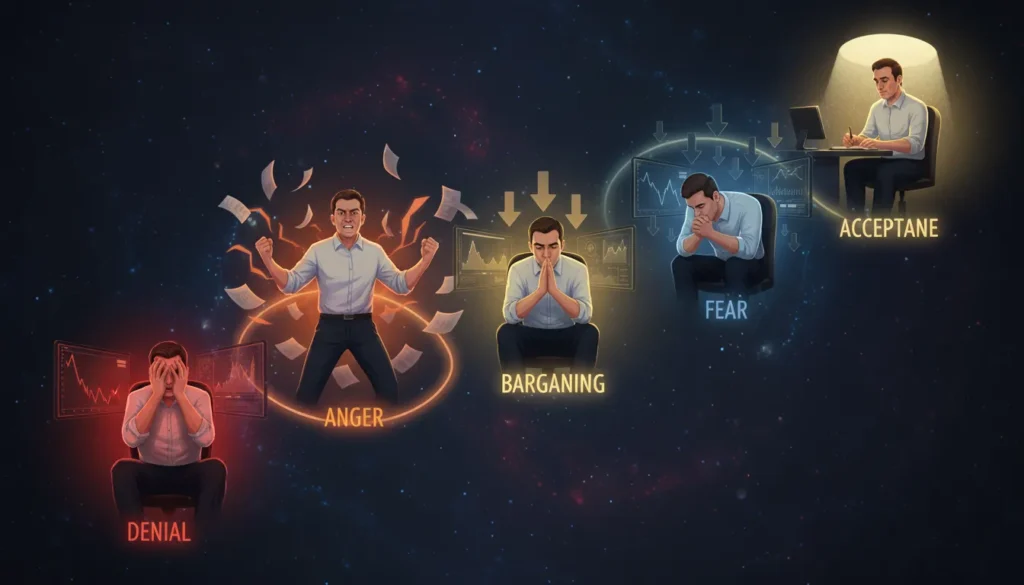 Five stages of trader grief cycle from denial through anger, bargaining, fear to acceptance after trading losses
