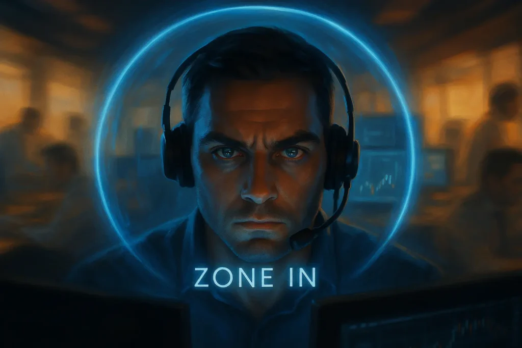 Focused trader in concentration zone blocking distractions showing extreme mental discipline required for scalping trading