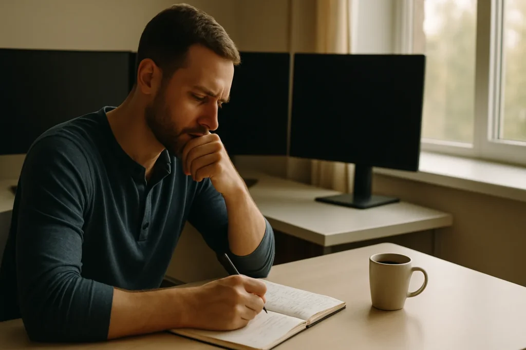 Trader conducting honest self-assessment with notebook before developing personalized trading strategy