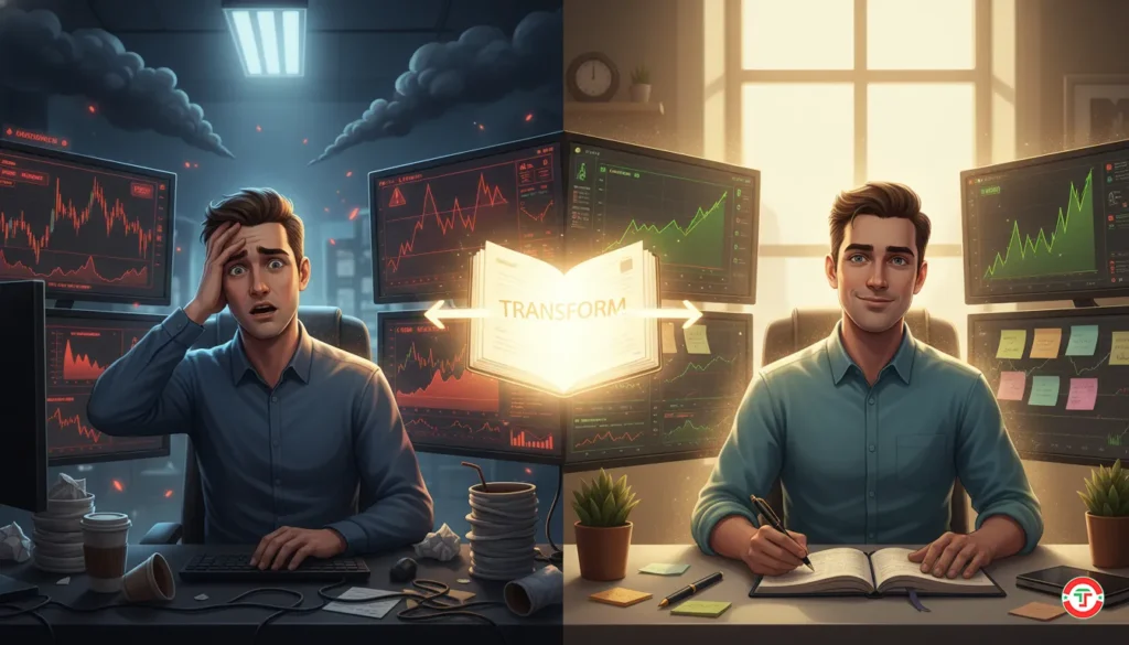 Before-and-after comparison showing stressed chaotic trader transformed into calm disciplined trader with glowing journal bridge connecting both states