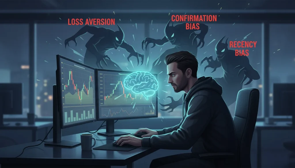 Trading cognitive biases visualization showing trader at desk with mental biases like loss aversion, confirmation bias, and recency bias represented as threatening shadows attacking the rational brain, illustrating trading psychology challenges.