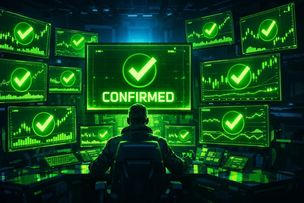 Futuristic trading command center with multiple screens showing green confirmation signals, illustrating the importance of confluence in reversal trading.