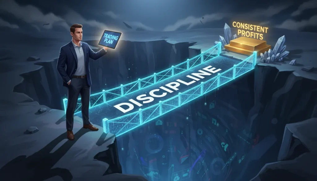 Trading discipline illustrated as a bridge connecting knowledge to consistent profits, showing a trader with a trading plan crossing from learning to success through disciplined execution