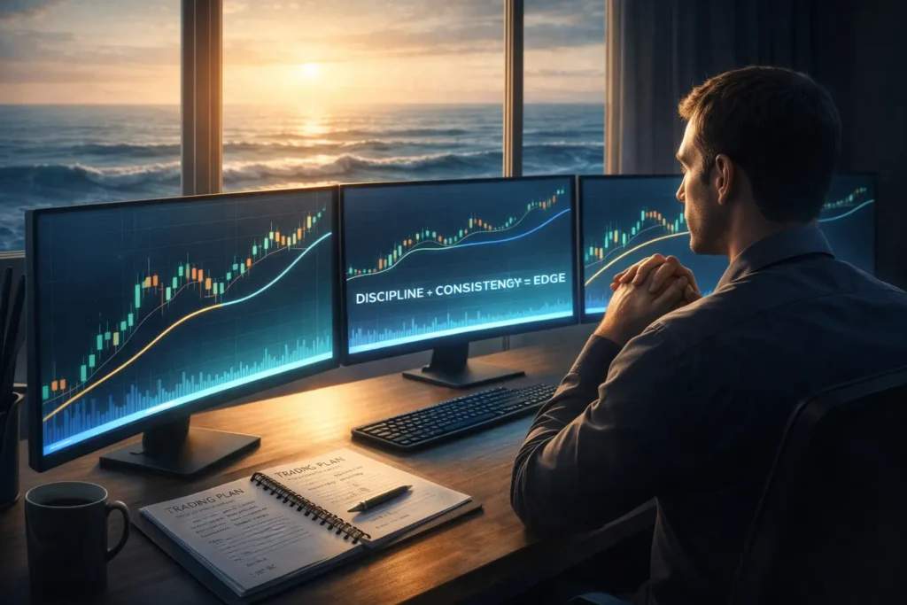 Professional trader at organized desk showing discipline and consistency with moving average charts and written trading plan