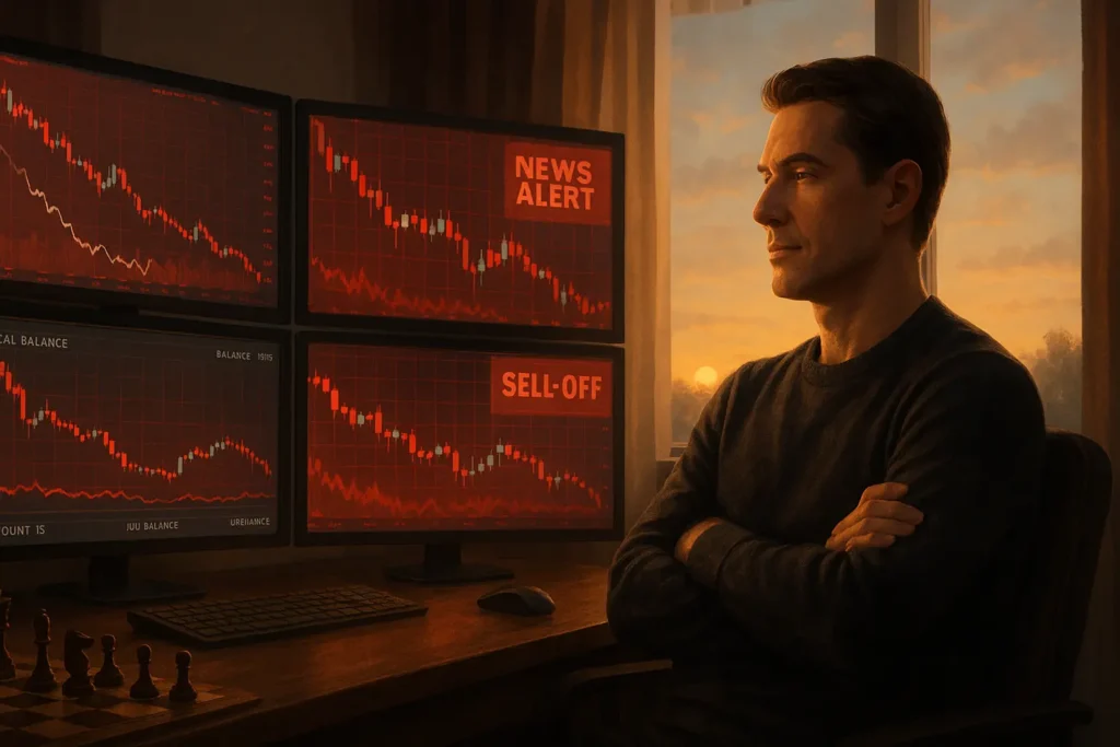 Calm trader sitting confidently with arms crossed watching volatile market action on screens, choosing discipline over impulsive trading