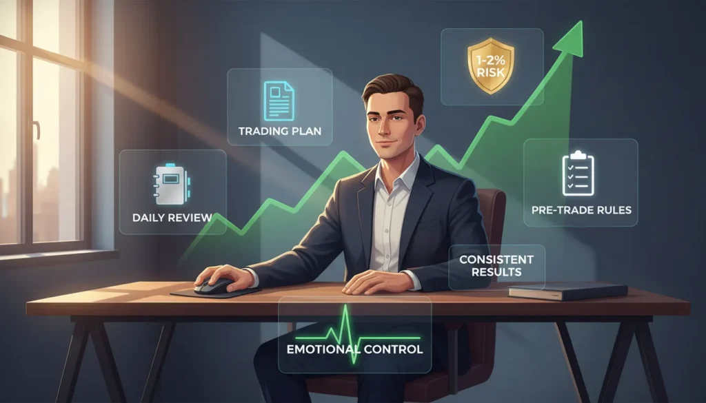 Professional trader successfully executing trading discipline system with all components working together - trading plan, risk management, journaling, and emotional control - resulting in consistent profitable results