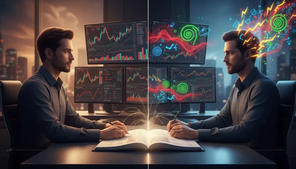 Professional trader at desk with split visualization showing external calm and internal emotional patterns connected through glowing journal
