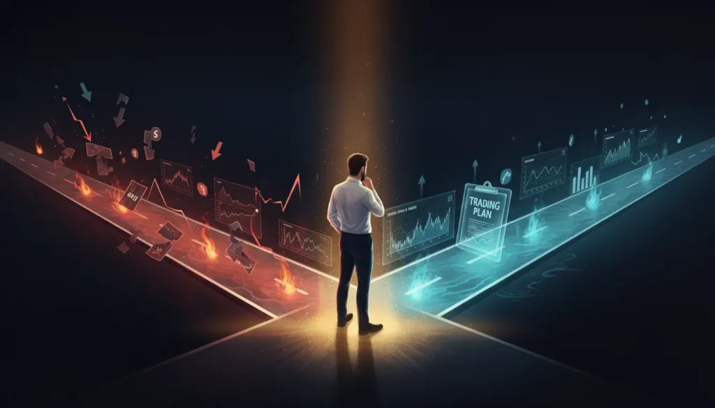 Professional trader standing at crossroads choosing between emotional revenge trading path and disciplined risk management response to losses
