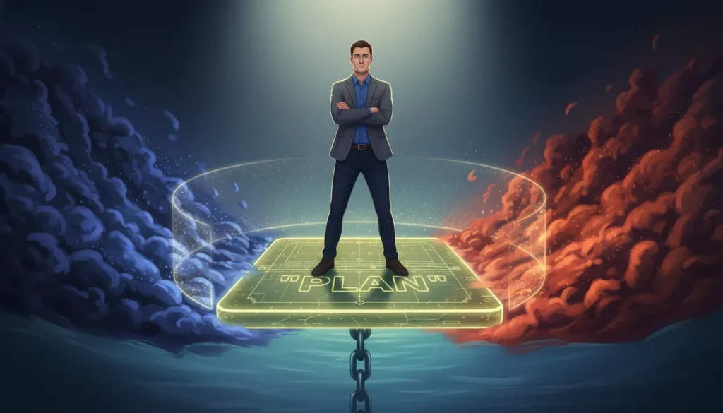 Trader standing on trading plan platform while fear and greed waves crash around showing emotional discipline
