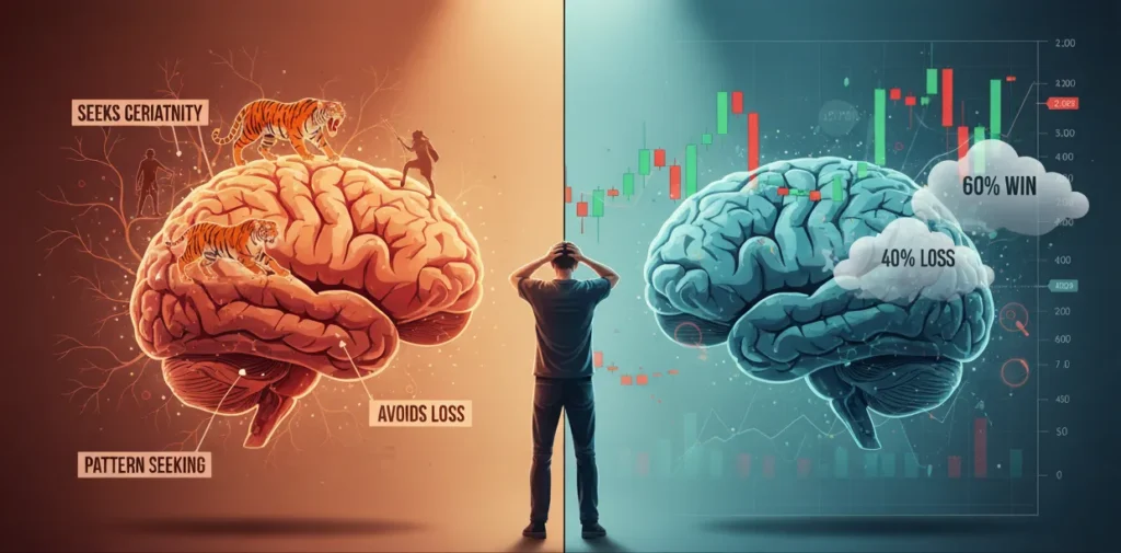 Split illustration showing the conflict between evolutionary brain programming and market requirements, depicting why traders' psychology works against profitable trading discipline