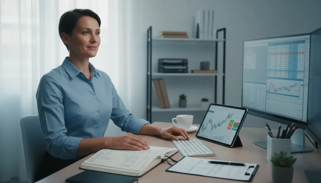 Professional trader showing emotional mastery with organized desk, journal, and calm focused demeanor
