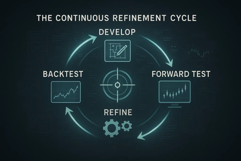 Circular diagram showing continuous refinement cycle of strategy development backtest forward test and refinement