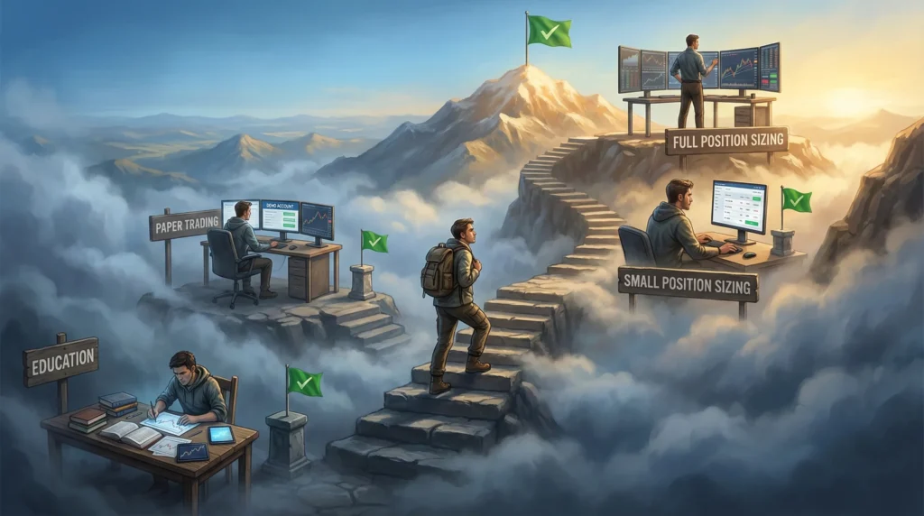 Trader climbing staircase through four progressive stages from education to full trading proficiency, each landing marked with completed stage flag