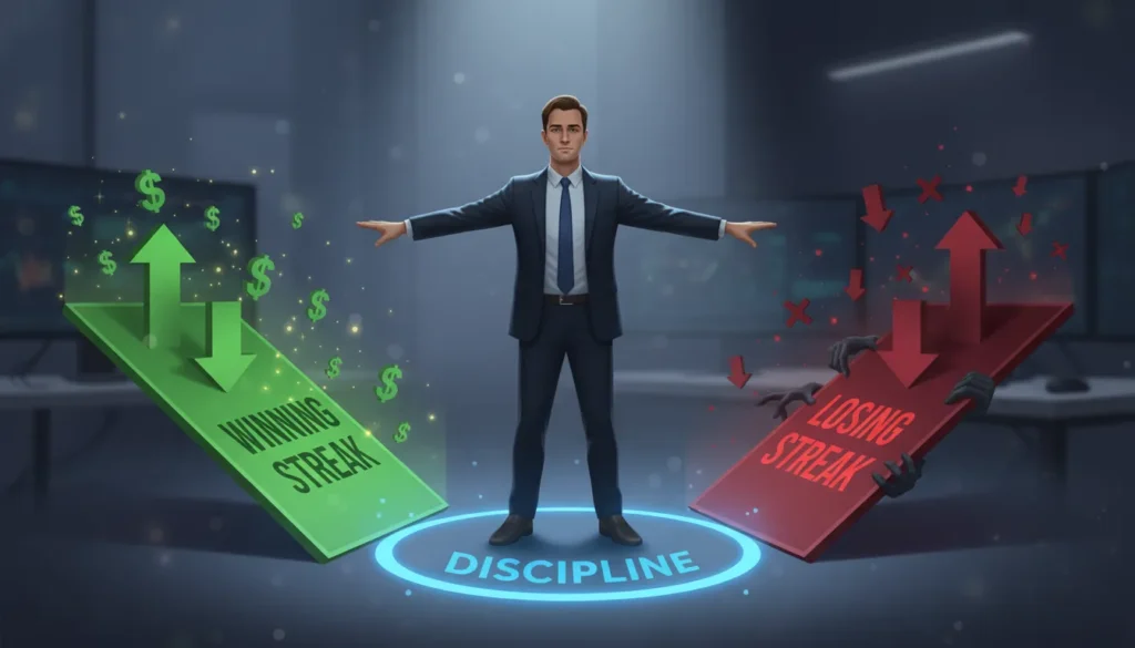 Trader maintaining disciplined balance between winning streak overconfidence and losing streak desperation, illustrating emotional control during market streaks