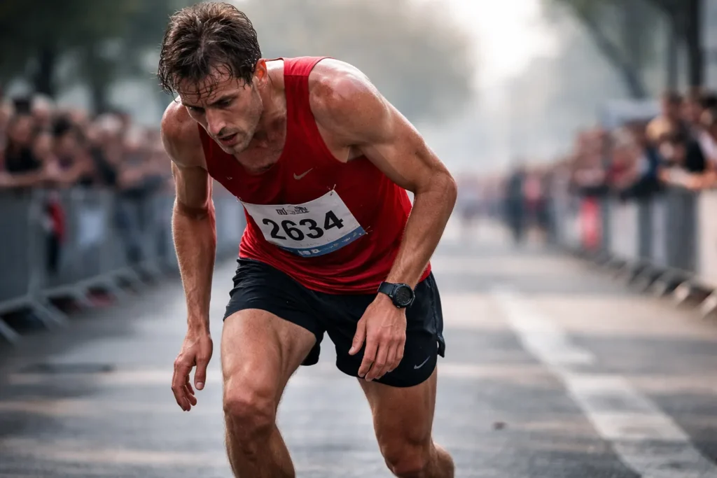 Exhausted marathon runner about to collapse at the finish line, symbolizing how market trends run out of momentum before reversing.