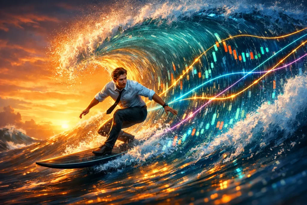 Professional trader surfing on wave of financial data with moving average lines showing trend following strategy concept