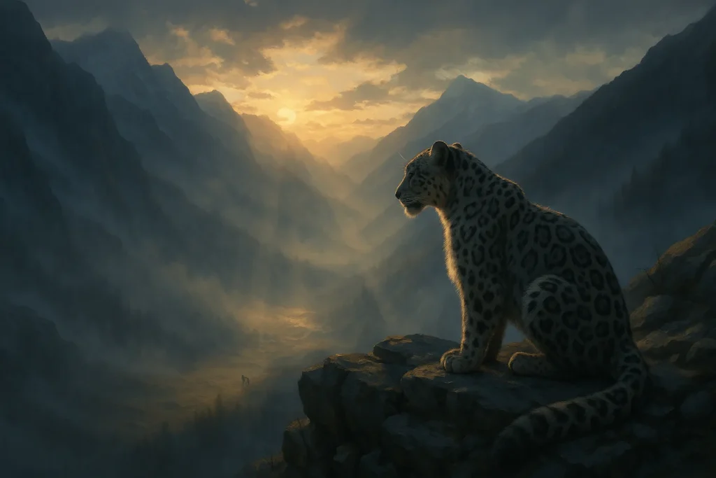 Snow leopard waiting patiently on mountain outcrop at dawn watching distant prey, representing patient disciplined trend following approach