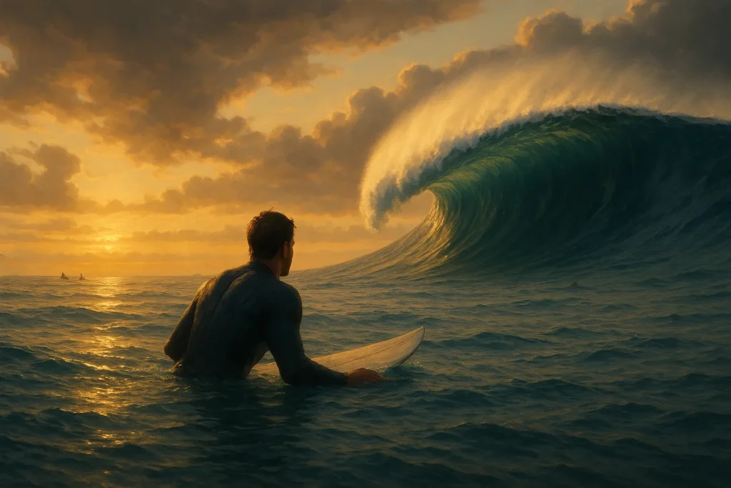 Surfer in ready position watching a forming wave approach, symbolizing the patience and timing required for successful trend following trading strategies